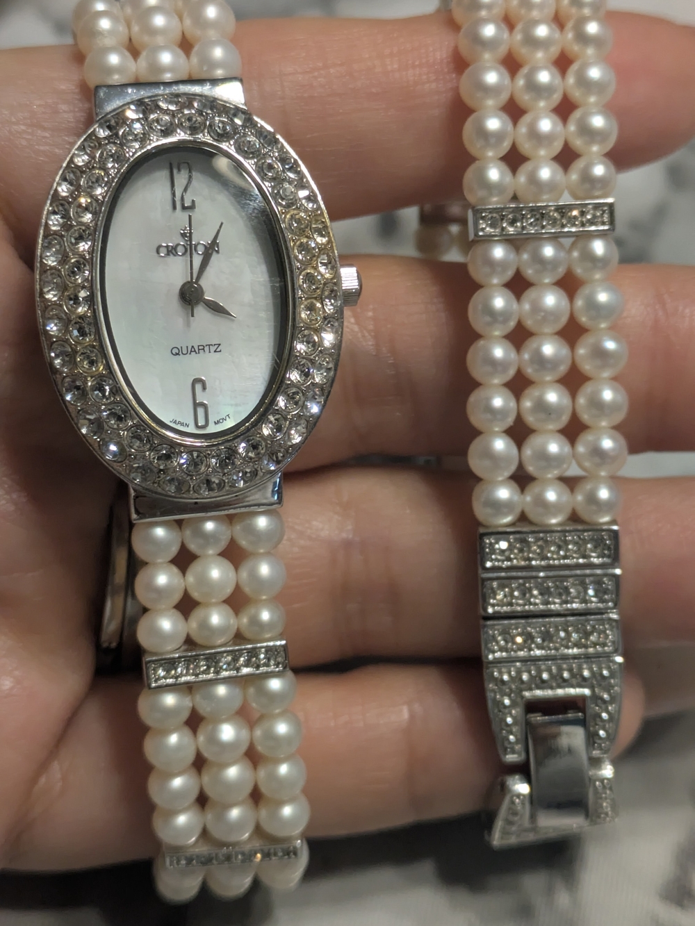 Croton Silver-Tone Pearl Bracelet Crystal Watch